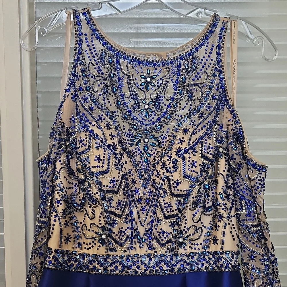 Size 4 royal blue prom/evening gown w/ cold shoulders & long sleeves, beaded top - Picture 5 of 16